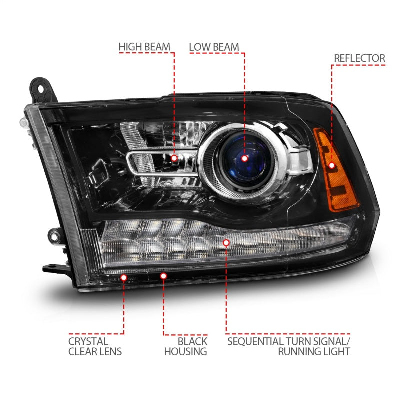 ANZO 09-18 Dodge 1500-3500 LED Plank Style Headlights w/Switchback+Sequential Hyper Black (OE Style) 111608 111608 Photo - Unmounted