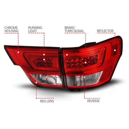 ANZO 11-13 Jeep Grand Cherokee LED Taillights w/ Lightbar Chrome Housing Red/Clear Lens 4pcs 311442 311442 Photo - Unmounted