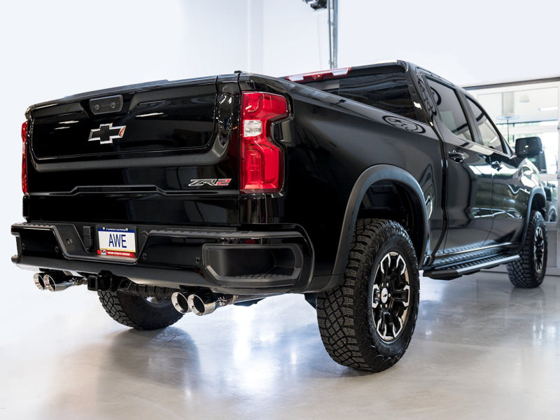AWE Tuning 22-23 GMC Sierra 1500 AT4X 6.2L 0FG Catback Split Dual (Flat Bumper) - Chrome Silver Tips 3015-42284 3015-42284 Photo - Mounted