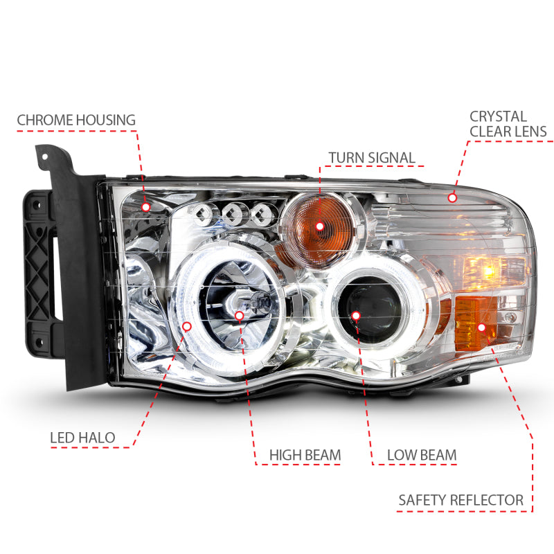 ANZO 2002-2005 Dodge Ram 1500 Projector Headlights w/ Halo Chrome Clear Amber 111491 111491 Photo - Unmounted