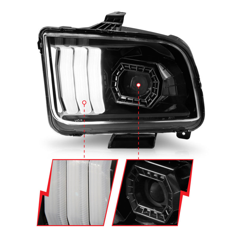 ANZO 05-09 Ford Mustang (w/Factory Halogen HL Only) Projector Headlights w/Light Bar Black Housing 121566 121566 Photo - Unmounted