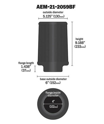 AEM Induction AEM Dryflow 4in. X 9in. Round Tapered Air Filter 21-2059BF 21-2059BF Technical Drawing