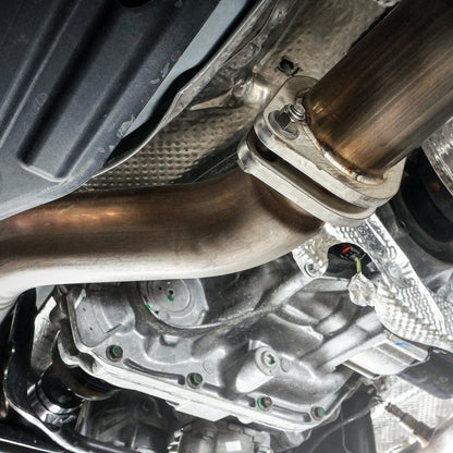 Stainless Works 2018 Jeep TrackHawk 6.2L 3in Catback System X-Pipe Turbo S-Tube Muffler Stock Exit JEEP1862CB-S JEEP1862CB-S Photo - Mounted