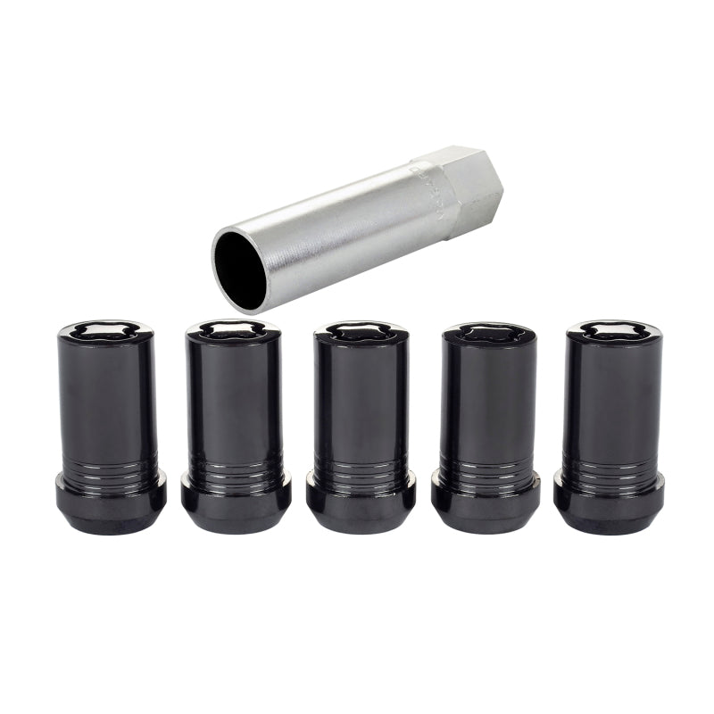 McGard Wheel Lock Nut Set - 5pk. (Cone Seat Tuner) M14X1.5 / 22mm Hex / 1.648in OAL - Black 25515BK 25515BK Photo - out of package