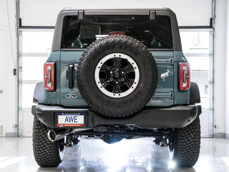 AWE Tuning 2021+ Ford Bronco 0FG Single Rear Exit Exhaust w/Chrome Silver Tip & Bash Guard 3015-22789 3015-22789 Photo - out of package