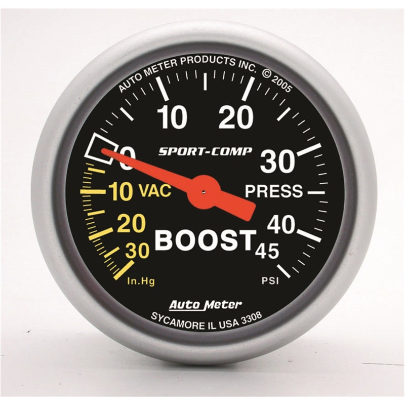 Autometer Gauge, Vac/Boost, 2 1/16", 30In Hg-45Psi, Mechanical, Sport-Comp 3308 Photo - Primary