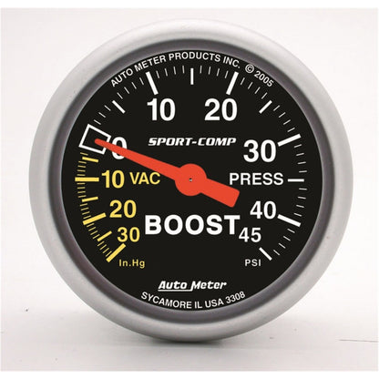 Autometer Gauge, Vac/Boost, 2 1/16", 30In Hg-45Psi, Mechanical, Sport-Comp 3308 Photo - Primary