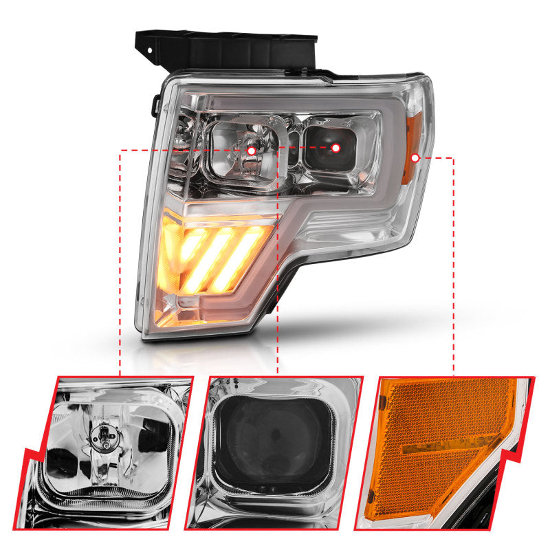 ANZO 2009-2014 Ford F-150 Projector Headlight Chrome Amber 111446 111446 Photo - Unmounted