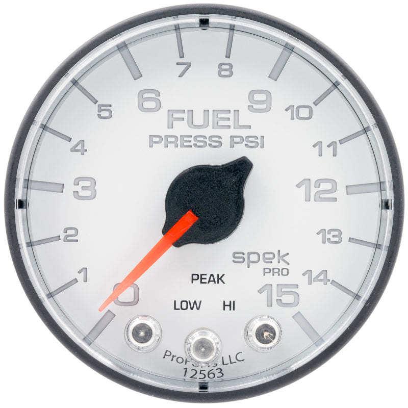 Autometer Spek-Pro Gauge Fuel Press 2 1/16in 15psi Stepper Motor W/Peak & Warn Wht/Blk P315128 P315128 User 1