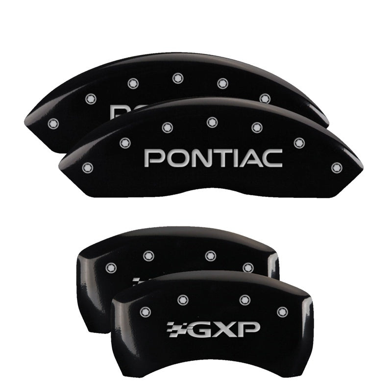 MGP 4 Caliper Covers Engraved Front Pontiac Engraved Rear GXP Black finish silver ch 18030SPXPBK 18030SPXPBK Photo - Primary