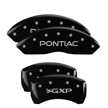 MGP 4 Caliper Covers Engraved Front Pontiac Engraved Rear GXP Black finish silver ch 18030SPXPBK 18030SPXPBK Photo - Primary