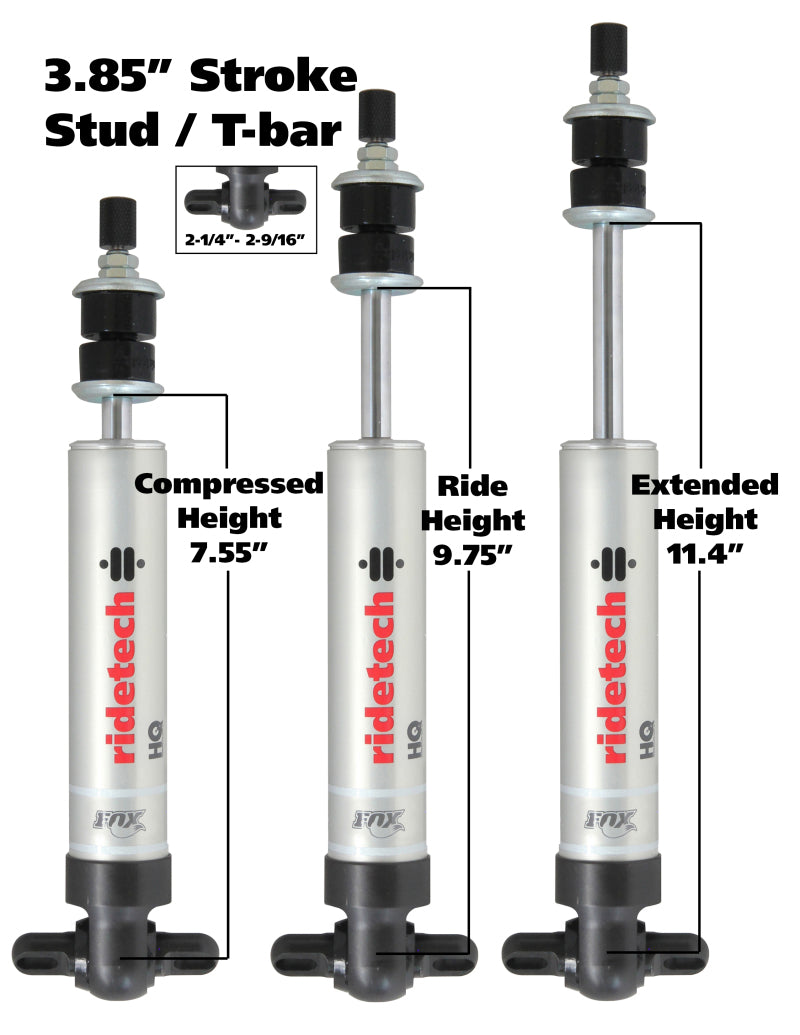 Ridetech HQ Series Shock Absorber Fixed Valve 3.85 Stroke Narrow T-bar/Stud Mounting 7.55in x 11.4in 22139846 22139846 Photo - Primary