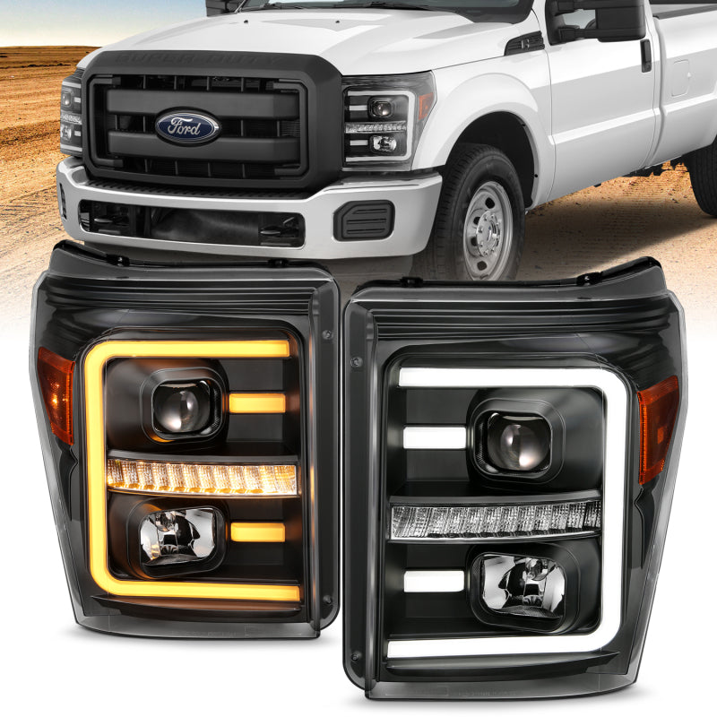 ANZO 2011-2016 Ford F250 Projector Headlights w/ Plank Style Switchback Black w/ Amber 111406 111406 Photo - lifestyle view