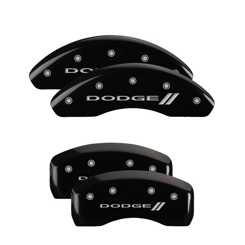MGP 4 Caliper Covers Engraved Front & Rear With stripes/Dodge Black finish silver ch 12135SDD3BK 12135SDD3BK Photo - Primary
