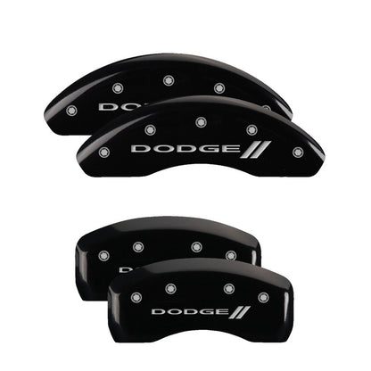 MGP 4 Caliper Covers Engraved Front & Rear With stripes/Dodge Black finish silver ch 12127SDD3BK 12127SDD3BK Photo - Primary