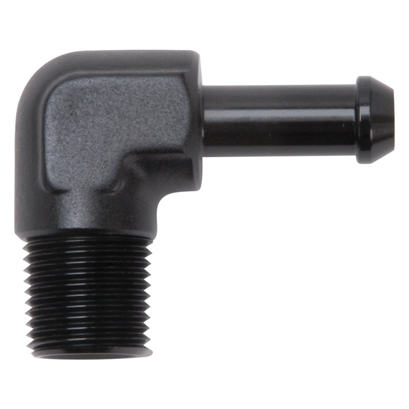 Edelbrock Hose End, 90-Degrees, 3/8" NPT to 3/8" Barb, Black Anodize 8167 Photo - Primary