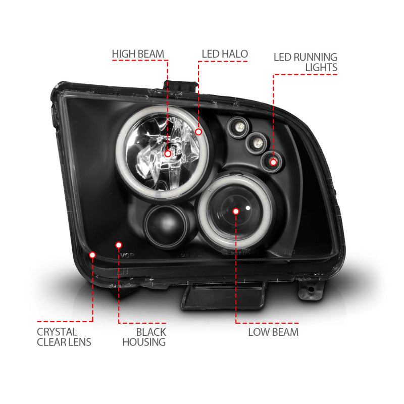 Anzo 2005-2009 Ford Mustang Projector Headlights w/ Halo Black 121166 User 4