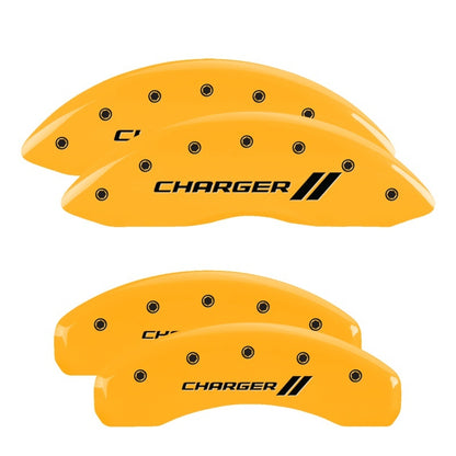 MGP 4 Caliper Covers Engraved Front & Rear With stripes/Charger Yellow finish black ch 12088SCH1YL 12088SCH1YL Photo - Primary