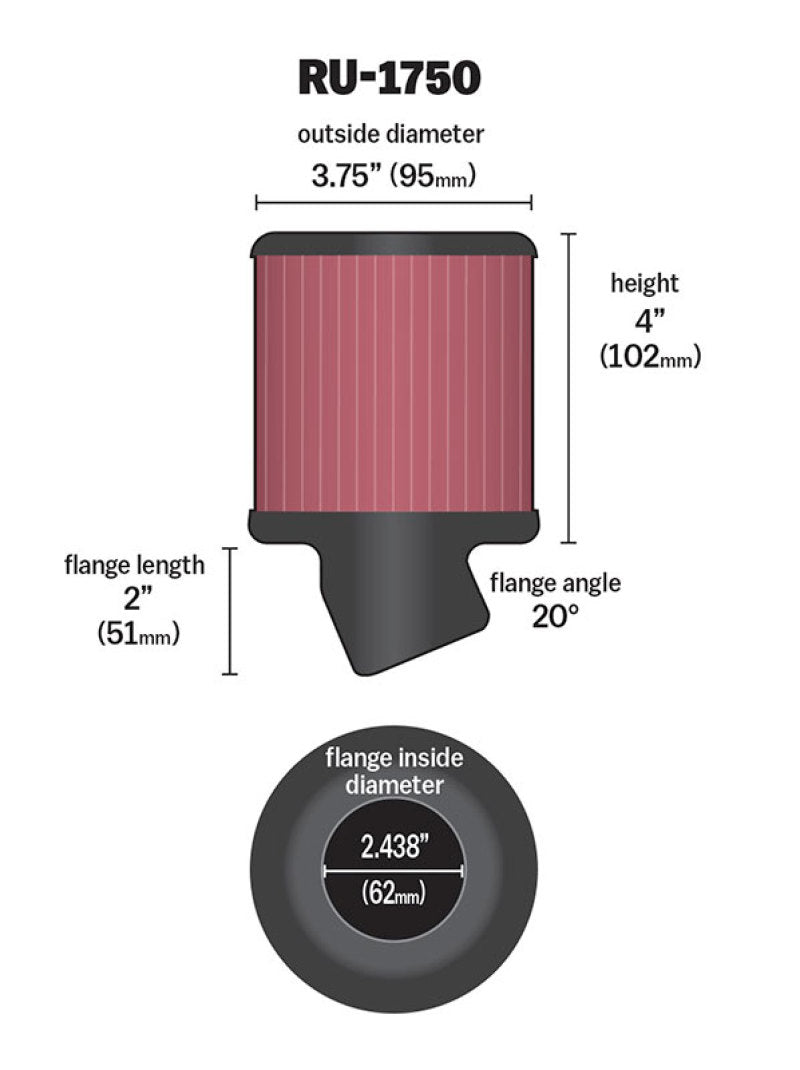 K&N Engineering Universal Clamp On Filtr KNERU-1750 RU-1750 Technical Drawing