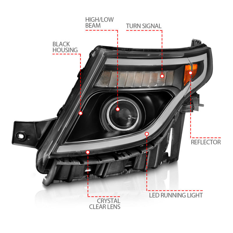 ANZO 11-15 Ford Explorer (w/Factory Halogen HL Only) Projector Headlights w/Light Bar Black Housing 111575 111575 Photo - Unmounted
