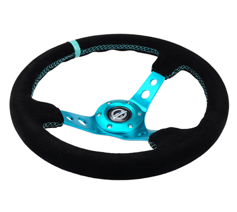 NRG Reinforced Steering Wheel (350mm/ 3in. Deep) Black Suede/ Teal Center Mark/ Teal Stitching RST-006S-TL RST-006S-TL Photo - Primary