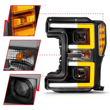 ANZO 17-19 Ford F-250/350/450 SD (w/o Factory LED) LED Proj Headlights w/Light Bar Switchback Blk 111577 111577 Photo - Unmounted