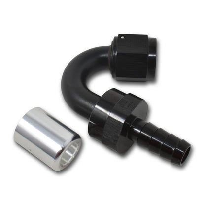 Russell #12 Crimp-on 150° Tight Radius Hose End - Black / Silver 610683 Photo - out of package
