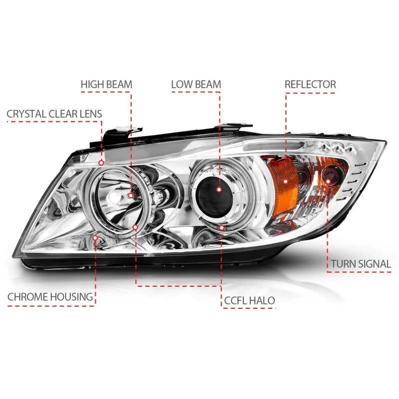Anzo 2006-2008 BMW 3 Series E90-E91 Projector Headlights w/ Halo w/ LED Bar 121336 Photo - Unmounted