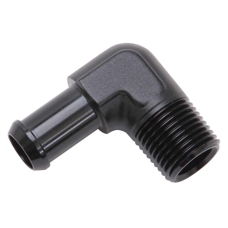 Edelbrock Hose End, 90-Degrees, 1/2" NPT to 5/8" Barb, Black Anodize 8178 Photo - out of package