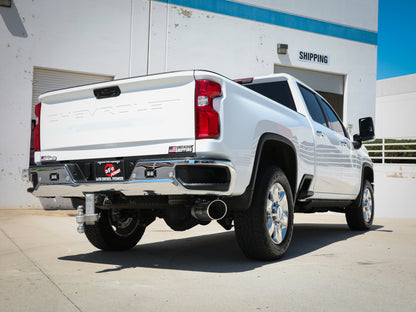 aFe Large Bore-HD 5 IN 409 SS DPF-Back Exhaust System w/Polished Tip 20-21 GM Truck V8-6.6L 49-44125-P 49-44125-P Photo - Mounted