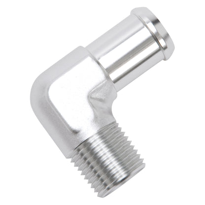 Edelbrock Hose End, 90-deg., 1/2" NPT to 3/4" Barb, Clear Anodize 8166 Photo - out of package