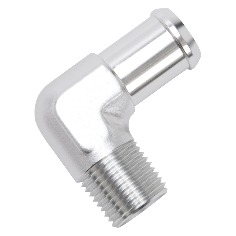 Edelbrock Hose End, 90-deg., 1/2" NPT to 3/4" Barb, Clear Anodize 8166 Photo - out of package