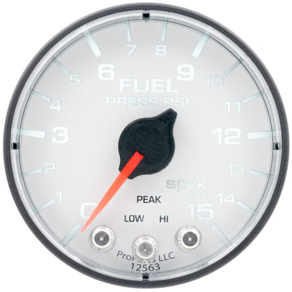 Autometer Spek-Pro Gauge Fuel Press 2 1/16in 15psi Stepper Motor W/Peak & Warn Wht/Blk P315128 P315128 User 2