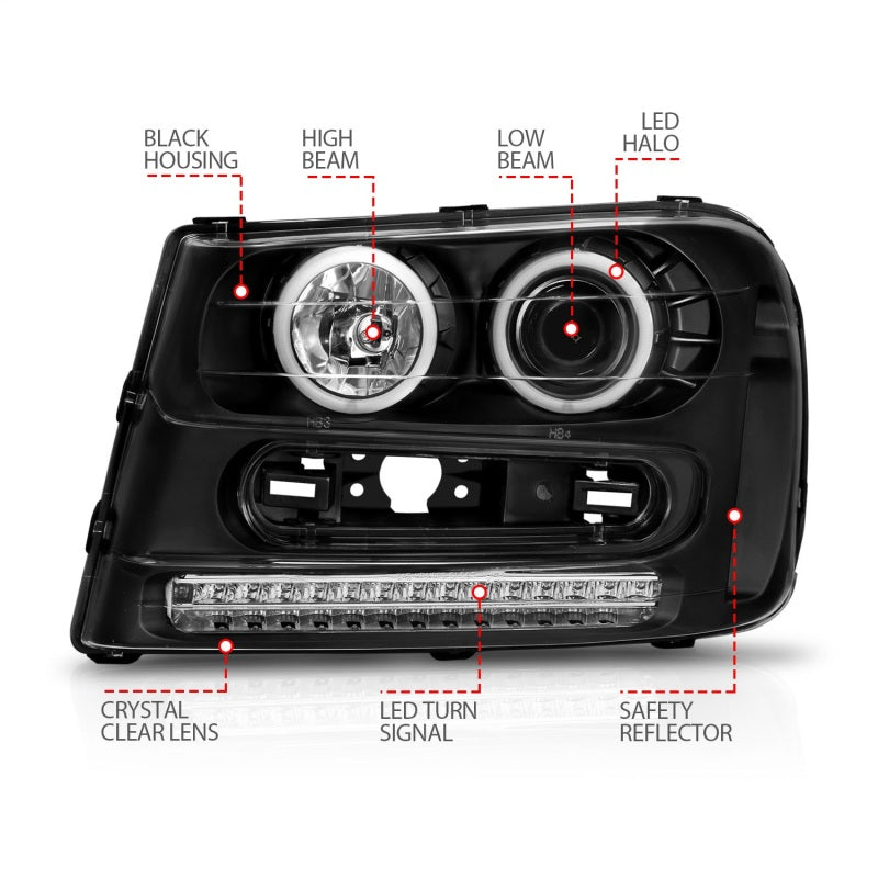 Anzo 2002-2009 Chevrolet Trailblazer Projector Headlights w/ Halo Black 111127 Photo - Unmounted