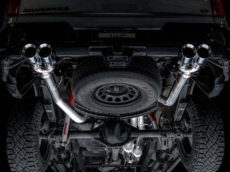AWE Tuning 4th Gen GM 1500 6.2L 0FG Catback Split Rear Exit (w/ Bumper Cutouts) - Quad Chrome Tips 3015-42203 3015-42203 Photo - Mounted