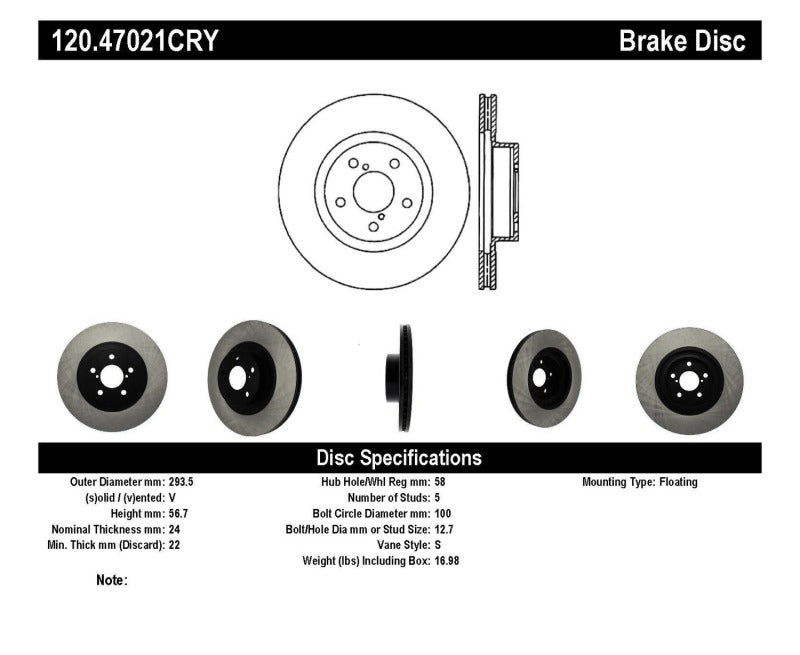 StopTech Premium Cryostop Rotor; Front 120.47021CRY Catalog