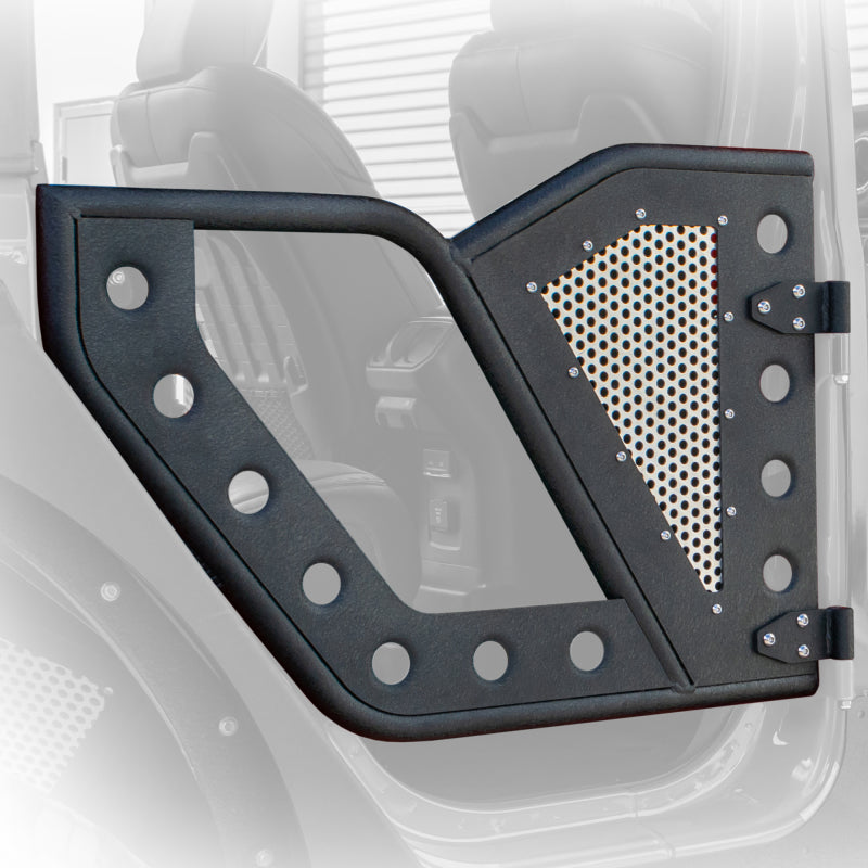 DV8 Offroad Jeep 18+ Wrangler JL / 20+ Gladiator JT Rear Rock Doors w/ Perforated Aluminum Mesh RDJL-01R RDJL-01R Photo - Mounted