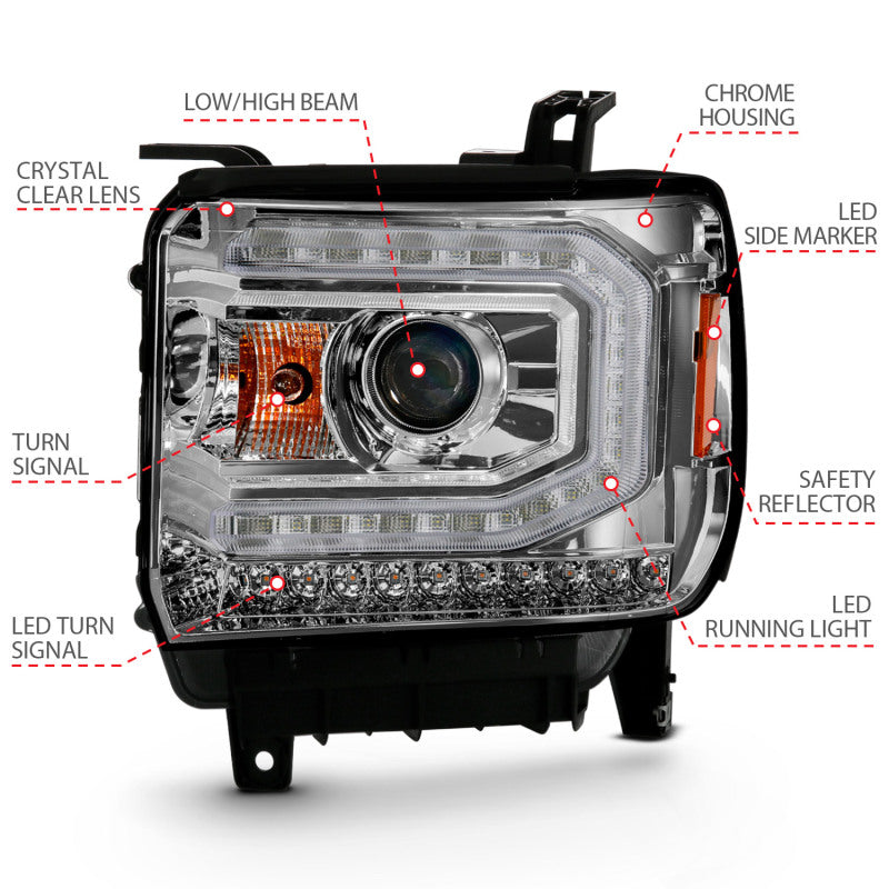 ANZO 2016-2019 Gmc Sierra 1500 Projector Headlight Plank Style Chrome w/ Sequential Amber Signal 111486 111486 Photo - Unmounted