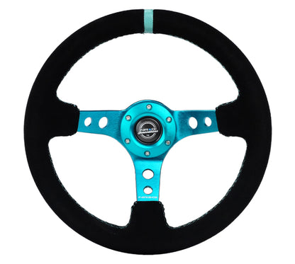 NRG Reinforced Steering Wheel (350mm/ 3in. Deep) Black Suede/ Teal Center Mark/ Teal Stitching RST-006S-TL RST-006S-TL Photo - Primary