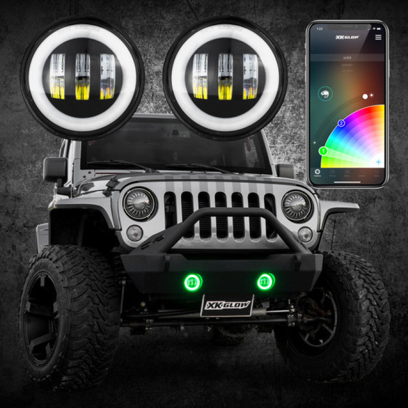 XKGLOW XK Glow 4In Black RGB LED Jeep Wrangler Fog Light XKchrome Bluetooth App Controlled Kit XK042010-B