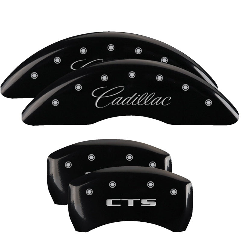 MGP 4 Caliper Covers Engraved Front Cursive/Cadillac Engraved Rear CTS Black finish silver ch 35024SCTSBK 35024SCTSBK Photo - Primary
