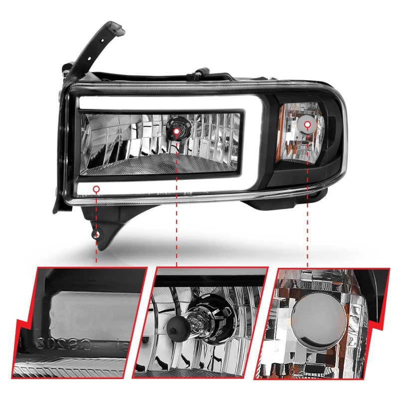 ANZO 94-02 Dodge RAM Crystal Headlight - w/ Light Bar Black Housing 111554 111554 Photo - Unmounted