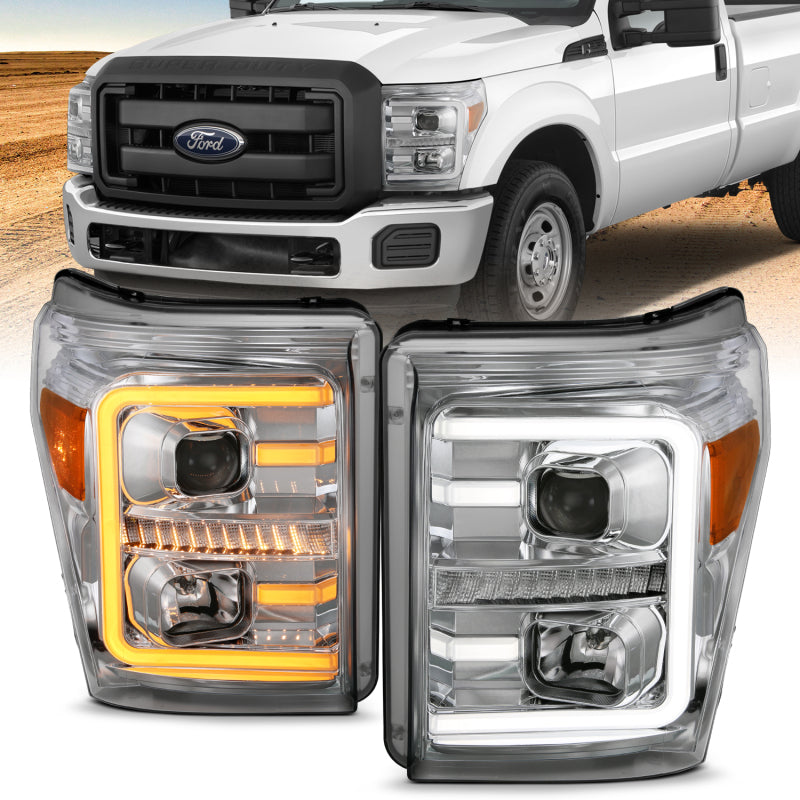 ANZO 11-16 Ford F-250/F-350/F-450 Projector Headlights w/ Plank Style Switchback Chrome w/Amber 111407 111407 Photo - lifestyle view