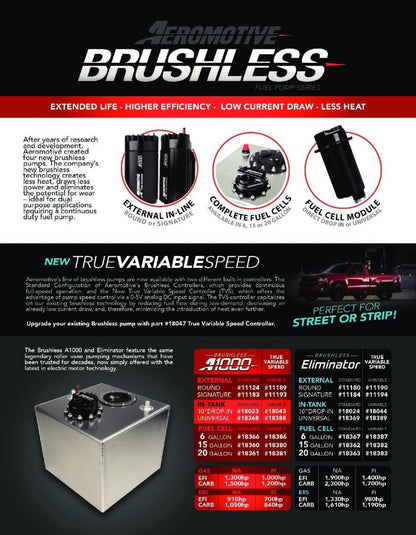 Aeromotive Brushless Eliminator-Series Fuel Pump, In-line 11180 Brochure - A general brochure describing a brand, company, product line.  If brochure in question is for a specific product, use code PDB.