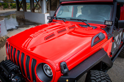 DV8 Offroad 18+ Jeep JL Heat Dispersion Hood - Primer Black HDMBJL-01 HDMBJL-01 Photo - Mounted