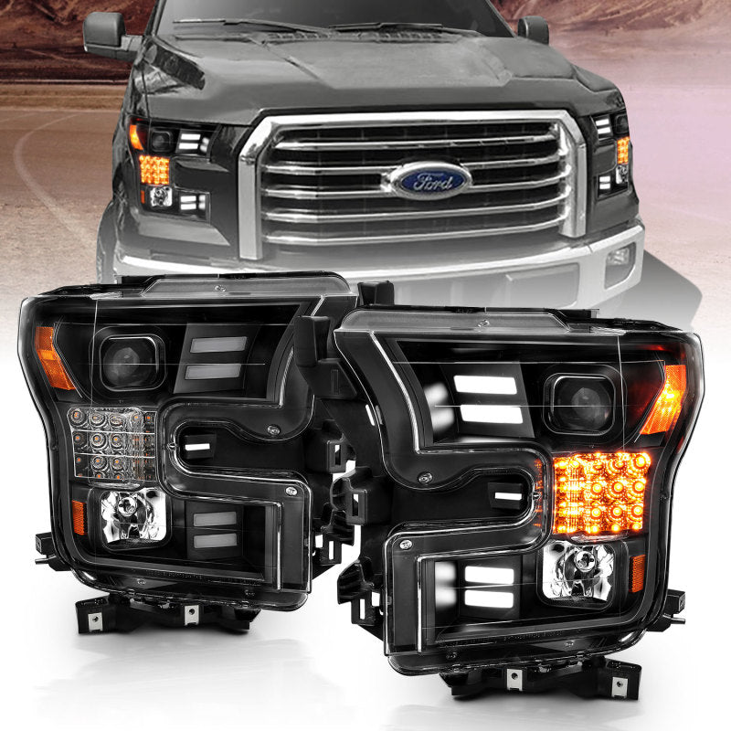 ANZO 15-17 Ford F-150 Project Headlights w/ Plank Style Design Black w/ Amber Sequential Turn Signal 111408 111408 Photo - Primary