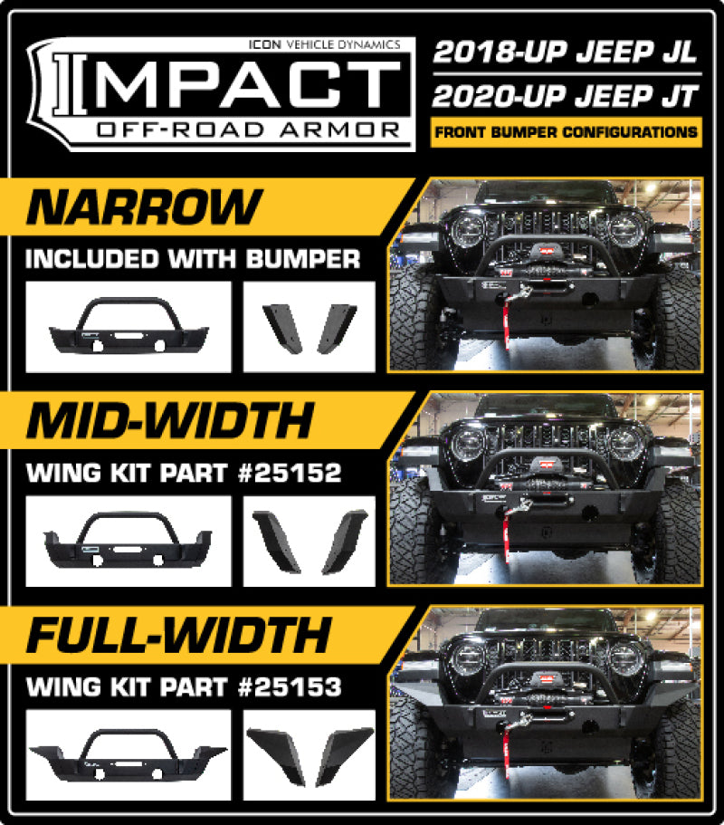 ICON 2018+ Jeep Wrangler JL / 2020+ JT Front Impact Bumper Mid Width Wings 25152 25152 Photo - Mounted