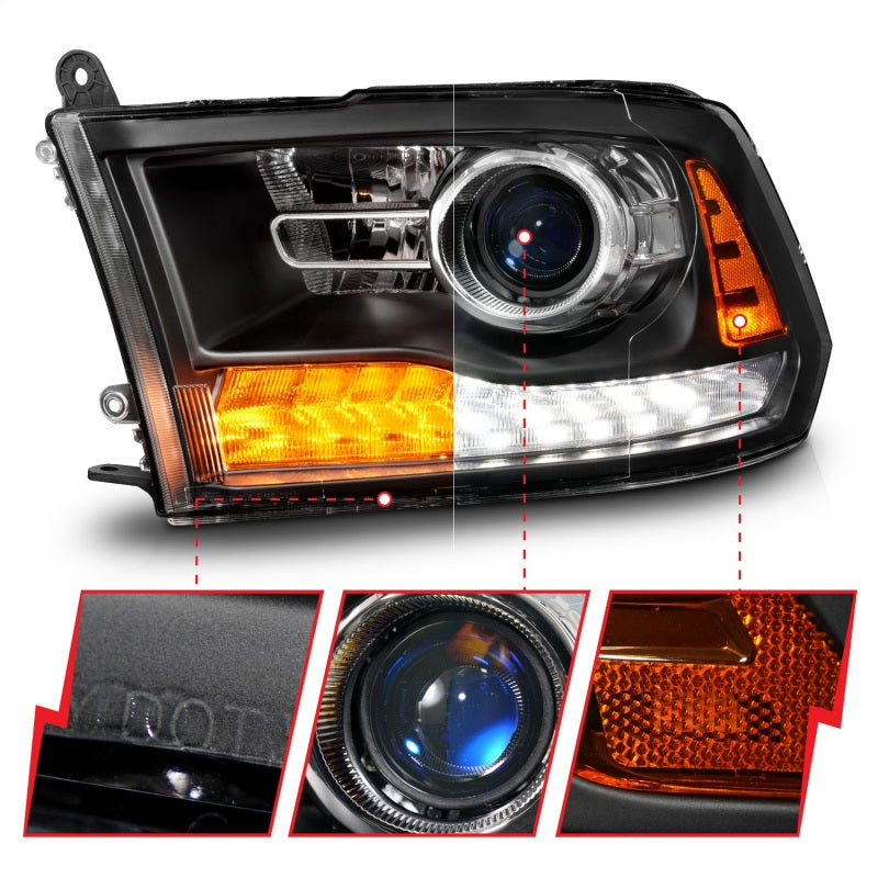 ANZO 09-18 Dodge Ram 1500/2500/3500 LED Plank Style Headlights Switchback + Sequential - Matte Black 111609 111609 Photo - Unmounted