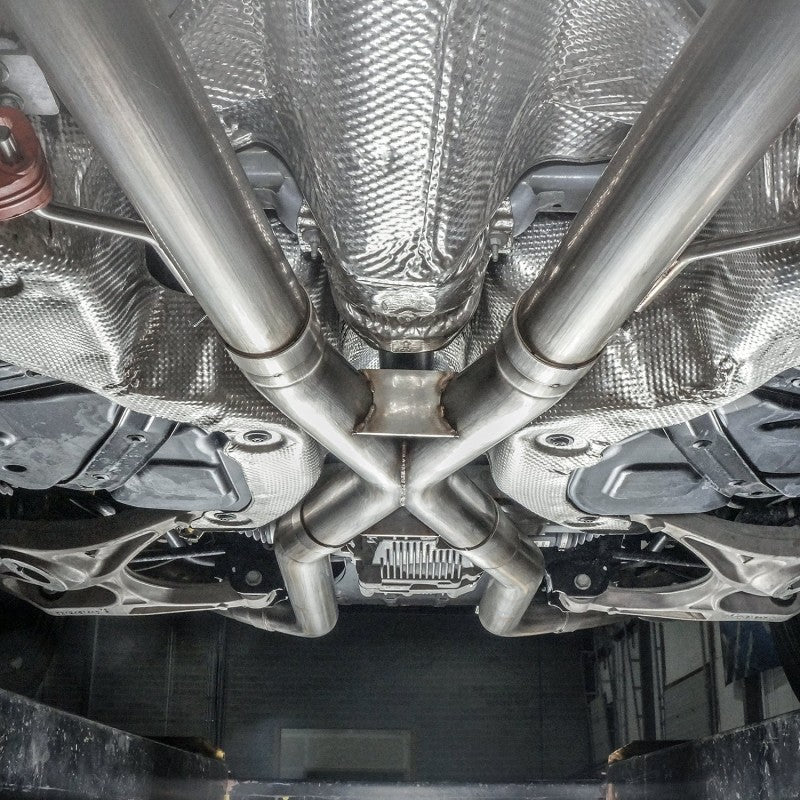 Stainless Works 2018 Jeep TrackHawk 6.2L 3in Catback System X-Pipe Turbo S-Tube Muffler Stock Exit JEEP1862CB-S JEEP1862CB-S Photo - Mounted