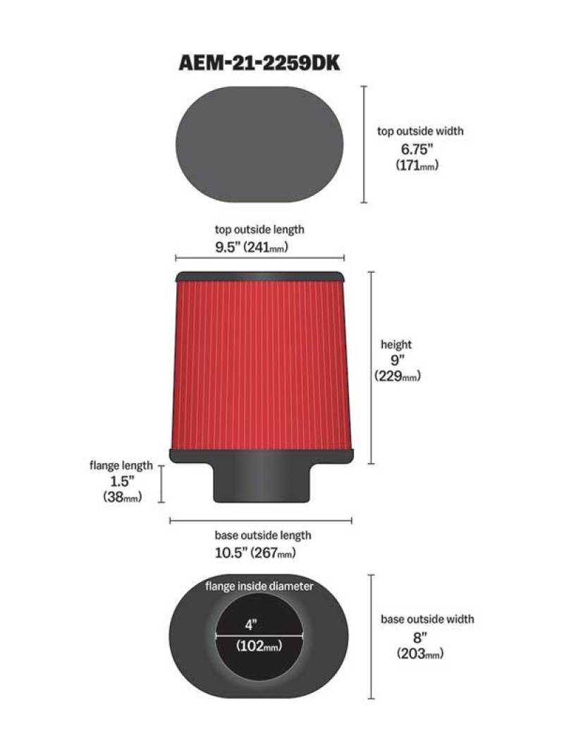 AEM Induction AEM 4.00 inch Dryflow Air Filter Oval 9.00 inch Element 21-2259DK 21-2259DK Technical Drawing